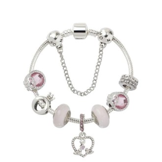 SL85 Colored Glaze Large Hole Bead Bracelet Alloy Pink Series Love Bird Pendant Bracelet,Size: 18cm