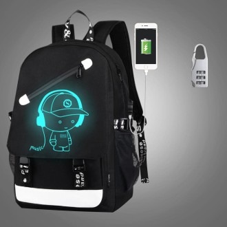 Multi-Function Large Capacity Oxford Cloth Music Boy Black Backpack Casual Laptop Computer Bag with External USB Charging Interf