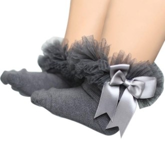 3 Pairs Bow Lace Socks Baby Cotton Ankle Socks, Size:S(Gray)