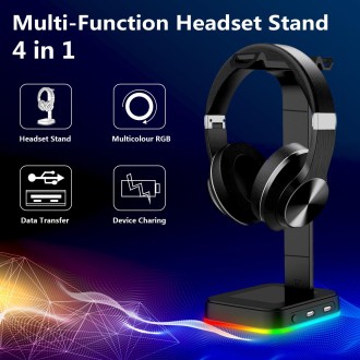 RGBD9 RGB Headset Stand Color-Changing Gaming Headset Stand Gaming Headset Display Stand with Dual USB Ports(Black)