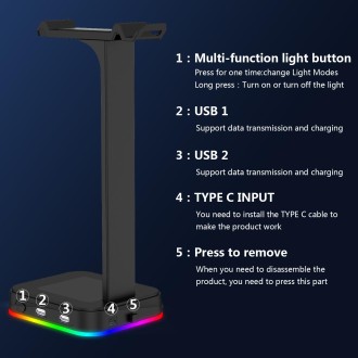 RGBD9 RGB Headset Stand Color-Changing Gaming Headset Stand Gaming Headset Display Stand with Dual USB Ports(Black)