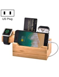 Multi-function Bamboo Charging Station Charger Stand Management Base with 3 USB Ports, For Apple Watch, AirPods, iPhone, US Plug