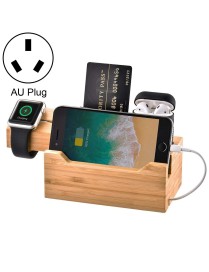 Multi-function Bamboo Charging Station Charger Stand Management Base with 3 USB Ports, For Apple Watch, AirPods, iPhone, AU Plug
