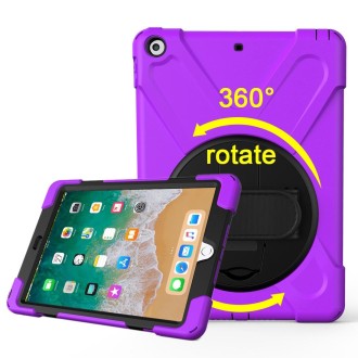 For iPad 9.7 (2018) & iPad 9.7 (2017) 360 Degree Rotation PC + Silicone Protective Case with Holder & Hand-strap(Purple)