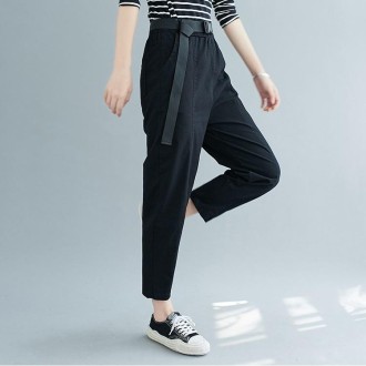 Plus Size Womens High Waist Loose Slimming Autumn Cotton Casual Pants Harem Pants (Color:Black Size:XXL)