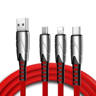 K051 1.2m 3 in 1 USB to 8 Pin + USB-C / Type-C + Micro USB Shark Fabric Data Cable(Red)