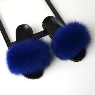 Fox Fur Slippers Flip-flops Non-slip Flat Fur Shoes Sandals for Women, Shoe Size:40-41(25cm)(Blue)