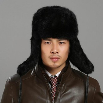 Black Autumn and Winter Thick Warm Rabbit Fur Bomber Hat Flight Hat for Men, Hat Size:XXL