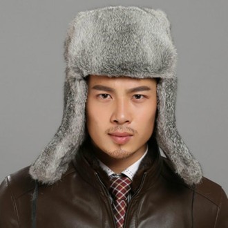 Gray Autumn and Winter Thick Warm Rabbit Fur Bomber Hat Flight Hat for Men, Hat Size:L