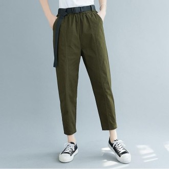 Plus Size Womens High Waist Loose Slimming Autumn Cotton Casual Pants Harem Pants (Color:Green Size:L)