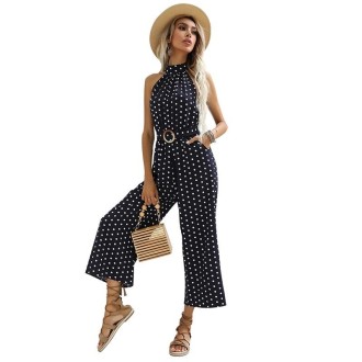 Ladies Dot Halter Sling Wide Leg Jumpsuit (XL)