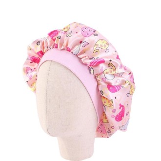 K-14 Children Printed Satin Nightcap Adjustable Stretch Hair Care Hat Shower Cap, Size: One Size(Dolphin Pink)