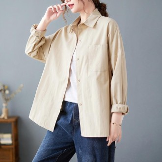 Solid Color Loose Casual Shirt (Color:Khaki Size:XXXL)