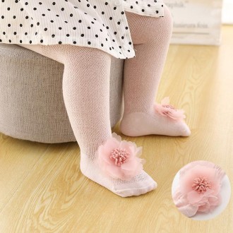 Spring And Autumn Thin Breathable Girl Mesh Pantyhose Lace Baby Tights, Size:15/17(Pink Flower)