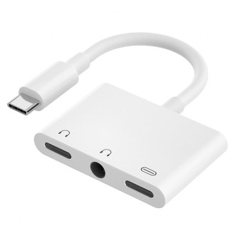 3 in 1 USB-C + 3.5mm + 3.5mm to USB-C Digital Charge Audio Adapter (White)