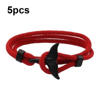 5pcs Whale Tail Braided Hand Rope Double Live Buckle Adjustable Bracelet(Red)