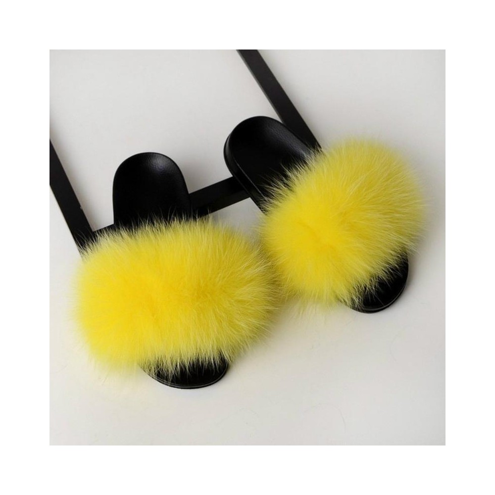 Fox Fur Slippers Flip-flops Non-slip Flat Fur Shoes Sandals for Women, Shoe Size:44-45(27cm)(Yellow)