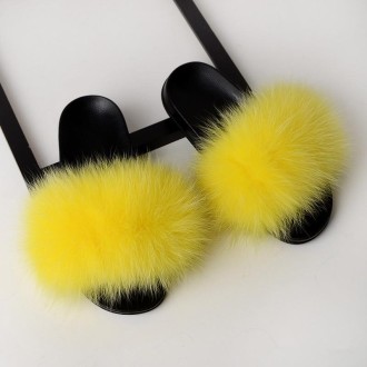 Fox Fur Slippers Flip-flops Non-slip Flat Fur Shoes Sandals for Women, Shoe Size:44-45(27cm)(Yellow)