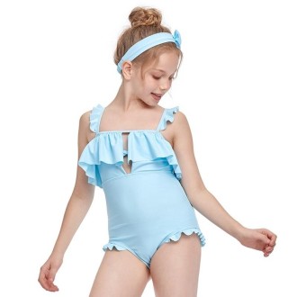 Solid Color Ruffled Sling Baby Girls One-piece Swimsuit (Color:Blue Size:152)