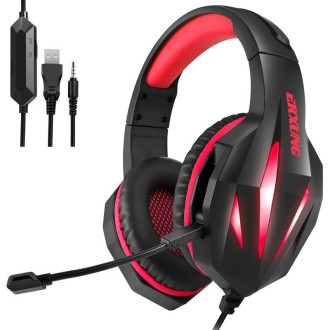 ERXUNG J5 Head-Mounted Gaming Headset Wire-Controlled Desktop Computer Gaming With Microphone  Luminous Headset(Black Red)