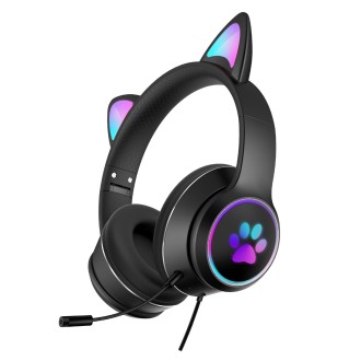 AKZ-022 USB + 3.5mm Port Cat Ear Design Foldable LED Headset with Mic(Black)