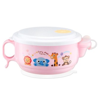 450ml Stainless Steel Interior And Plastic Exterior Double Layer Cartoon Style Bowl With Cover And Handles For Child At Age 2 To