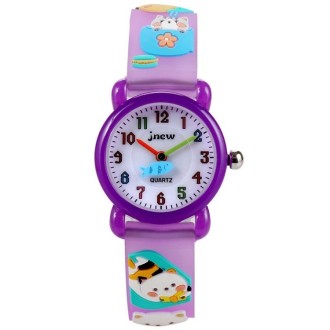 JNEW A335-86192 Children 3D Silicone Cute Cartoon Scheming Cat Waterproof Quartz Watch( Purple)