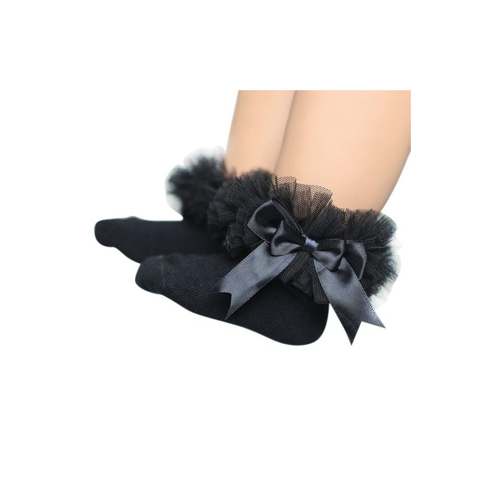 3 Pairs Bow Lace Socks Baby Cotton Ankle Socks, Size:S(Black)