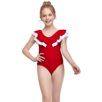 Ruffled V-Neck Baby Girls One-Piece Swimsuit (Color:Red Size:164)
