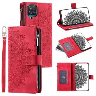 For Samsung Galaxy A12 5G Multi-Card Totem Zipper Leather Phone Case(Red)