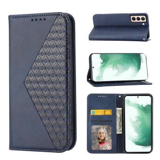 For Samsung Galaxy S22 5G Cubic Grid Calf Texture Magnetic Closure Leather Phone Case(Blue)