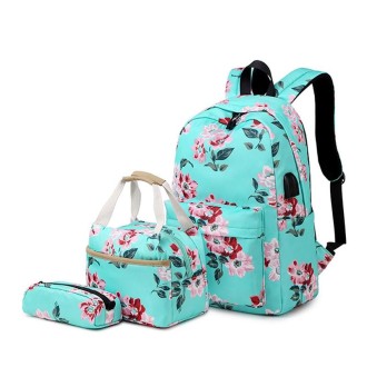 1916-1 3 PCS / Set Printed USB Backpack Student School Bag(Green)