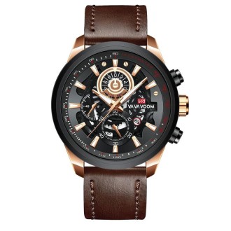 VAVA VOOM 2311P-FK Rose Gold Shell Brown Belt Men Waterproof Sports Luminous Calendar Casual Quartz Hollow Watch