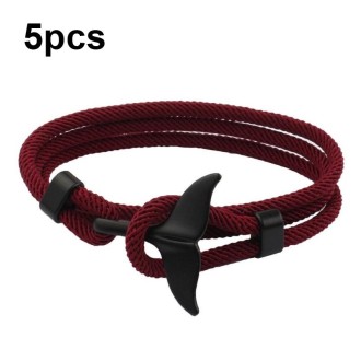 5pcs Whale Tail Braided Hand Rope Double Live Buckle Adjustable Bracelet(Red Wine)