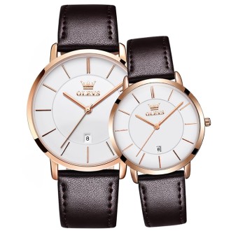 OLEVS 5869 1 Pair Couple Waterproof Genuine Leather Strap Quartz Watch(White + Rose Gold)