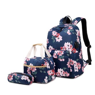 1916-1 3 PCS / Set Printed USB Backpack Student School Bag(Dark Blue)