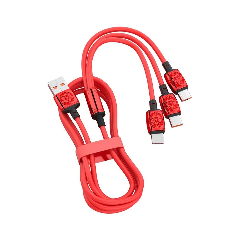 YT23085 Carved 3.5A 3 in 1 USB to Type-C / 8 Pin / Micro USB Fast Charging Cable, Cable Length: 1.2m(Red)