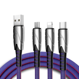 K051 1.2m 3 in 1 USB to 8 Pin + USB-C / Type-C + Micro USB Shark Fabric Data Cable(Blue)