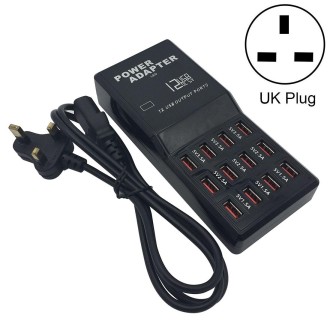 W-858 12A 12 Ports USB Fast Charging Dock Desktop Smart Charger AC100-240V, UK Plug (Black)