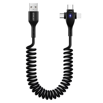 ENKAY Hat-Prince 3 in 1 6A USB to 8 Pin+Type-C+Micro USB Supper Fast Charge Spring Cable, Length: 1.8m(Black)