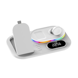 A06 3 in 1 Wireless Charger Fast Charging RGB Atmosphere Light with Clock For Smart Phone & iWatch & AirPods(White)