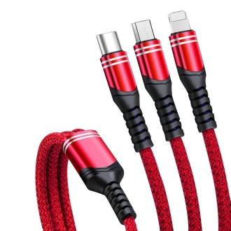 6A 66W 3 in 1 USB to 8 Pin + Micro USB + USB-C / Type-CFast Charging Braided Data Cable(Red)