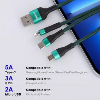 ENKAY ENK-CB120 3 in 1 1.2m USB 3.0 to Type-C / 8 Pin / Micro USB 5A Fast Charging Cable(Green)