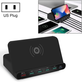 828W 7 in 1 60W QC 3.0 USB Interface + 4 USB Ports + USB-C / Type-C Interface + Wireless Charging Multi-function Charger with Mo