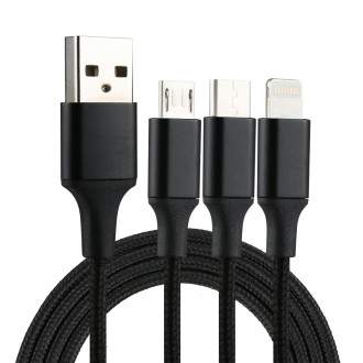 2A 1.2m 3 in 1 USB to 8 Pin & USB-C / Type-C & Micro USB Nylon Weave Charging Cable(Black)