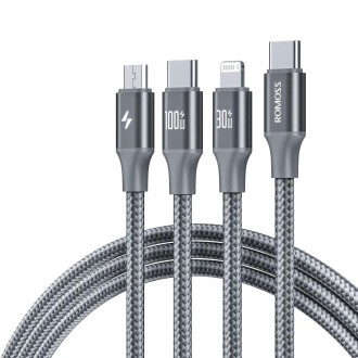 ROMOSS PD100W 3-In-1 Data Cable Type-C/USB-C To 8 Pin & Type-C & Micro Fast Charging Line 1.5m(Gray)