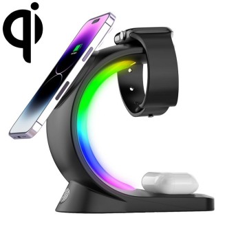 T17 3-in-1 RGB Atmosphere Light MagSafe Phone Watch Earphone Wireless Charger, Color: Black with EU Plug