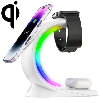 T17 3-in-1 RGB Atmosphere Light MagSafe Phone Watch Earphone Wireless Charger, Color: White with UK Plug