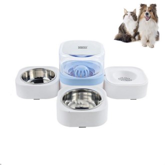 Pet Transparent Removable Washable Automatic Drinking Fountain with Stainless Steel Food Box, Specification: Double Bowls (Blue)