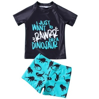 2 in 1 Letter Print Short Sleeve + Cartoon Dinosaur Shorts Baby Boys Split Swimsuit Set (Color:Blue Black Size:120)